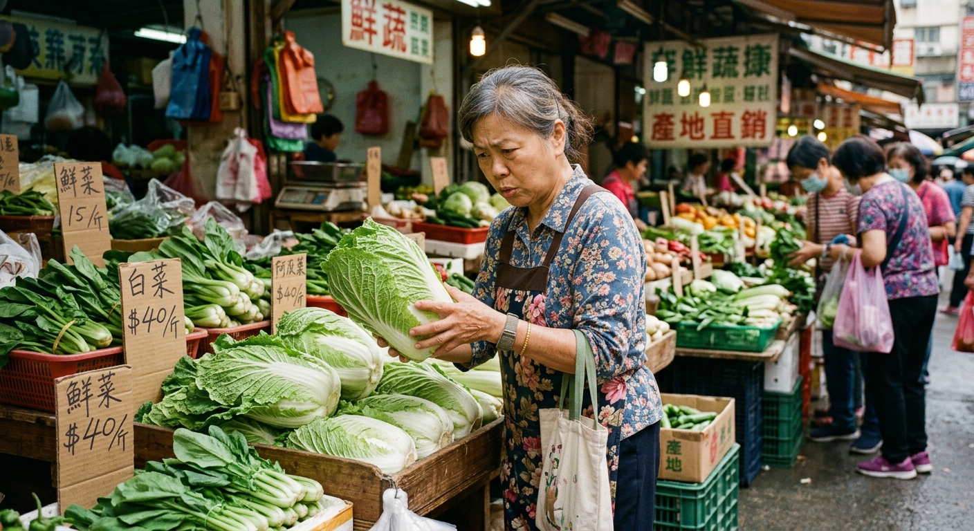 在市場挑選購買白菜的婦人