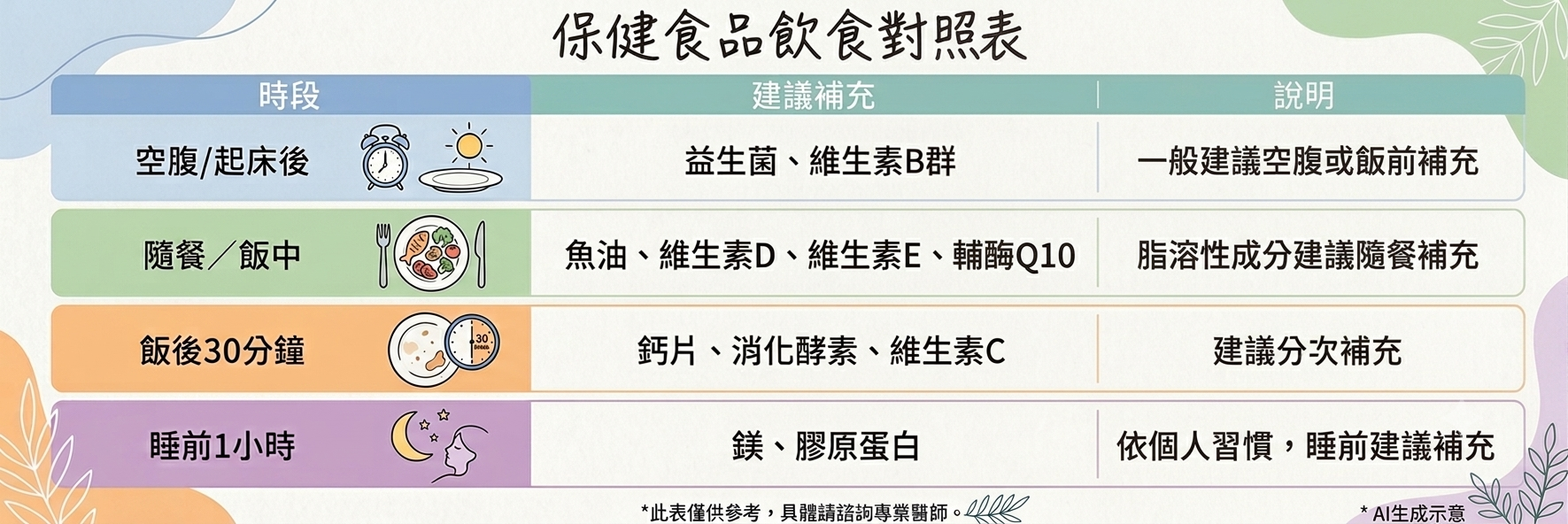 保健品時段對照表，益生菌、B群、魚油、鈣片、膠原蛋白、維生素C