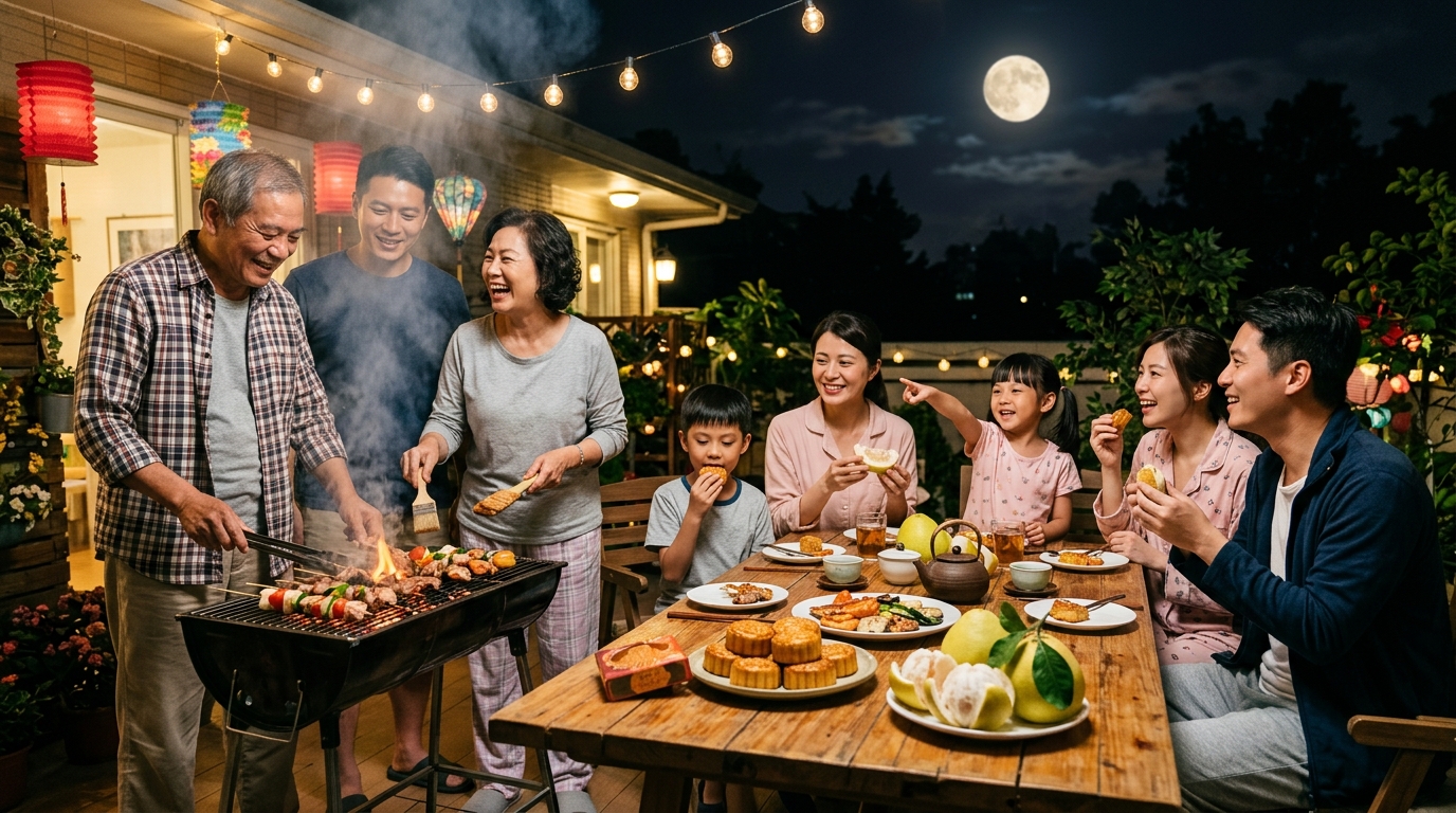 全家大小一起過中秋佳節，賞月吃月餅與柚子及烤肉。