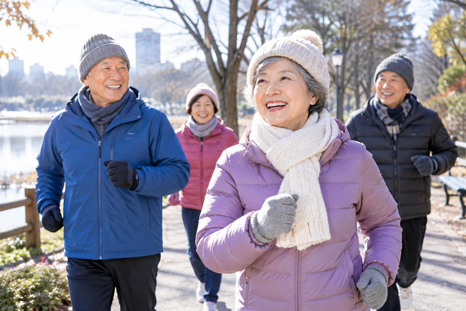 在秋冬季節裡，爺爺奶奶在公園運動健走跑步