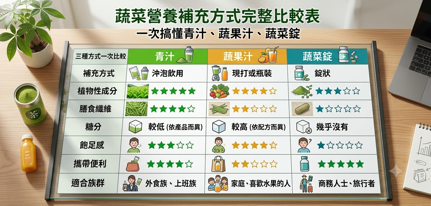 三種蔬菜營養補充方式比較表，一次分析看