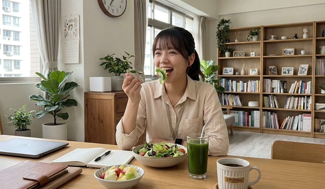 女孩滿足地吃著生菜沙拉與喝杯青汁